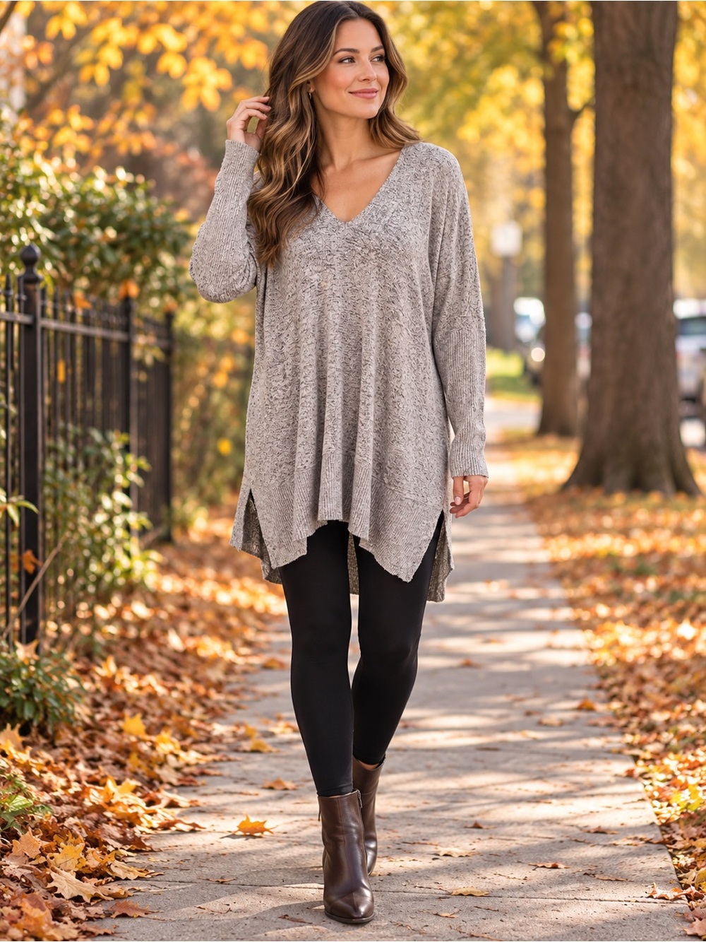 Chance or Fate Heather Taupe V-Neck Knit Tunic Sweater